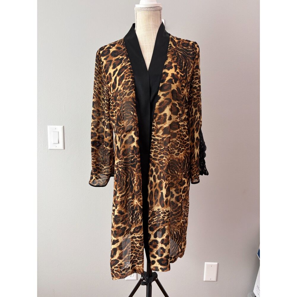 Vintage Leopard Print Robe Kimono Sheer Lace Sleeve Womens S Mob Wife Goth Glam